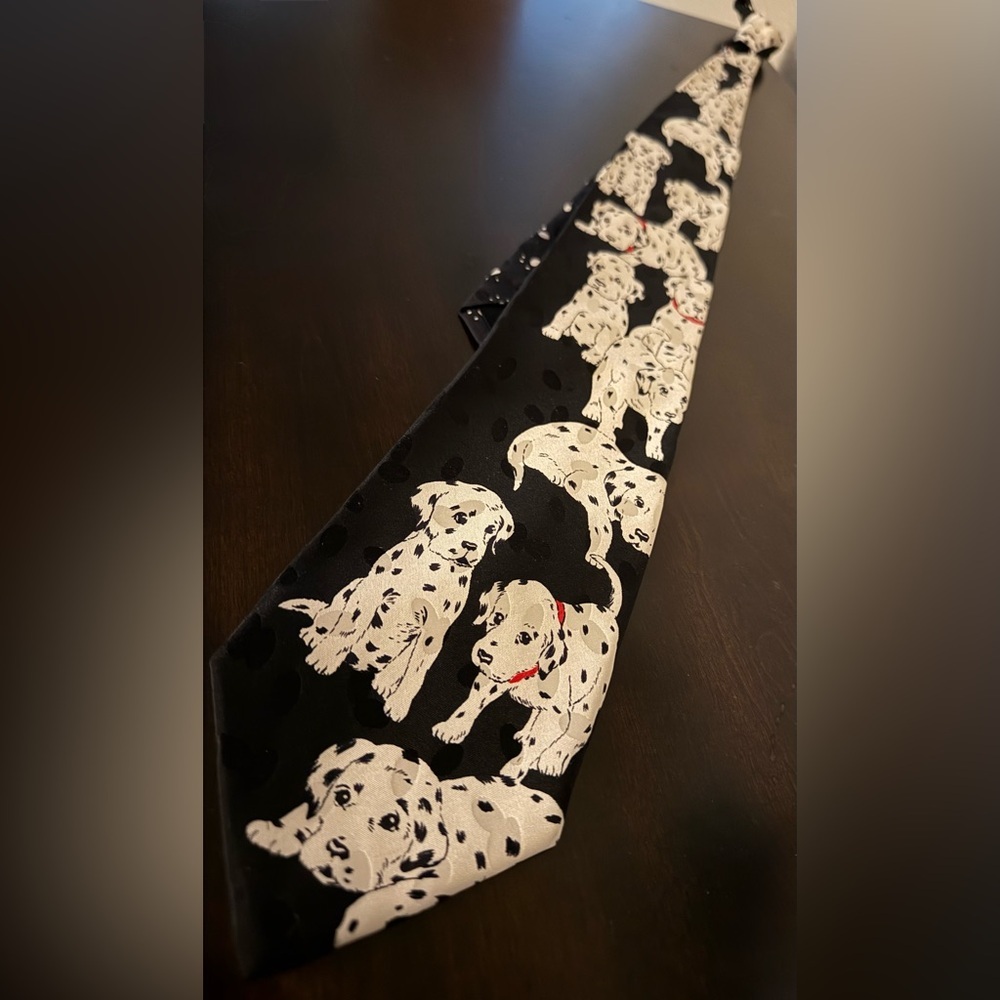 Vintage Addiction Dalmatian Silk Tie | Black White Dog Print Neck Tie - Picture 2 of 4